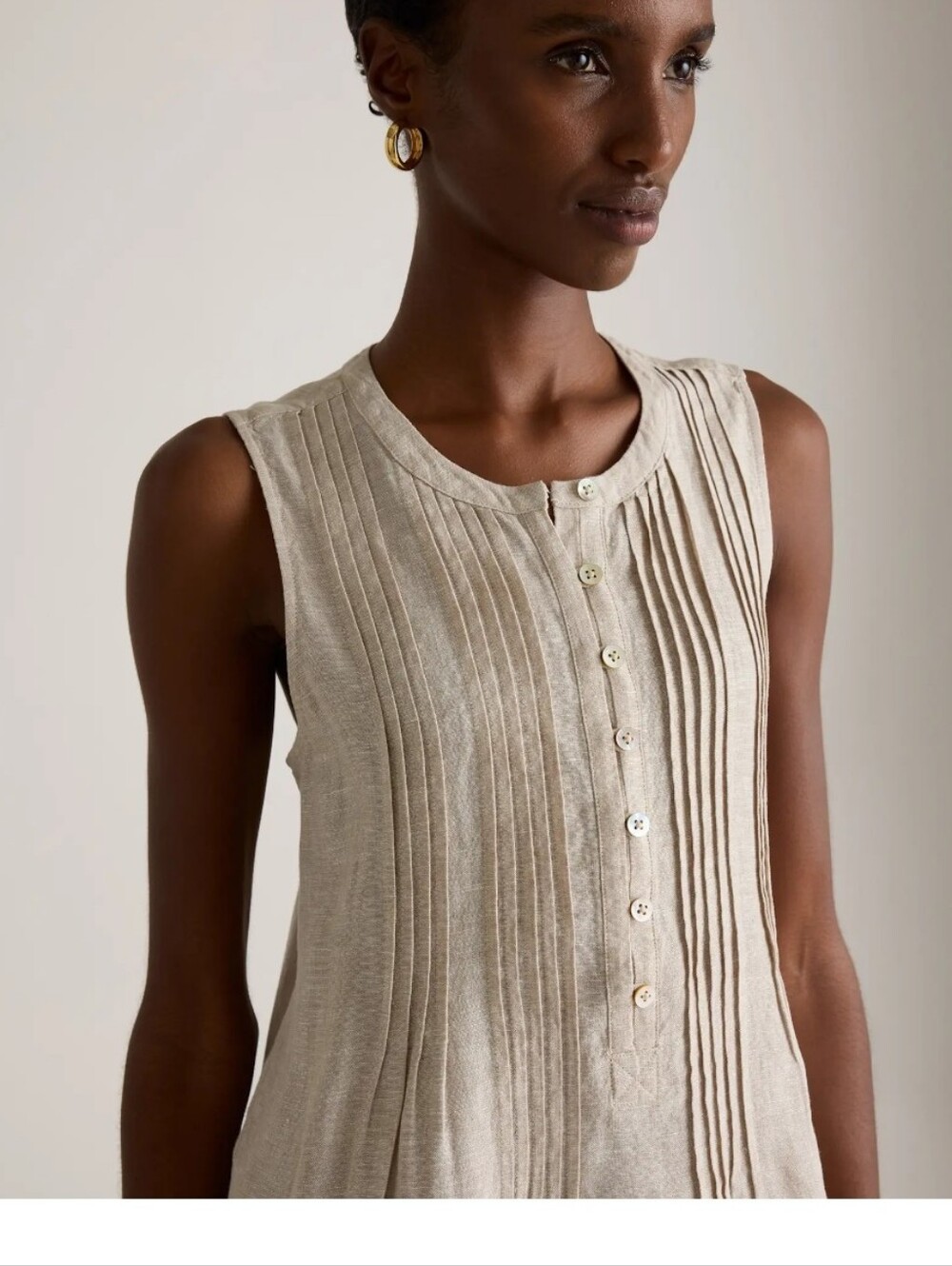 Quince Sleeveless Pintuck Linen Mini Dress in Natural - Picture 2 of 8